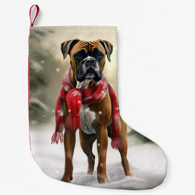 Calcetín Navideño Pequeño Perro Boxer en Navidades de Nieve (Anverso)