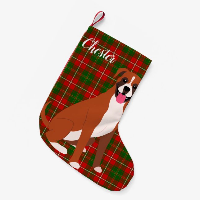 Calcetín Navideño Pequeño Perro Boxer Personalizado (Frente (Colgado))