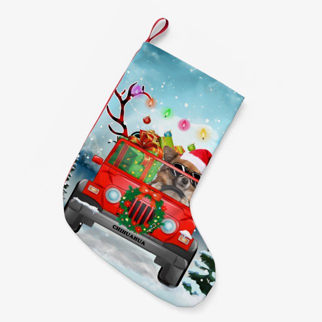 Calcetín Navideño Pequeño Perro chihuahua con regalos de Navidades (Frente (Colgado))