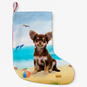 Calcetín Navideño Pequeño Perro Chihuahua en la playa