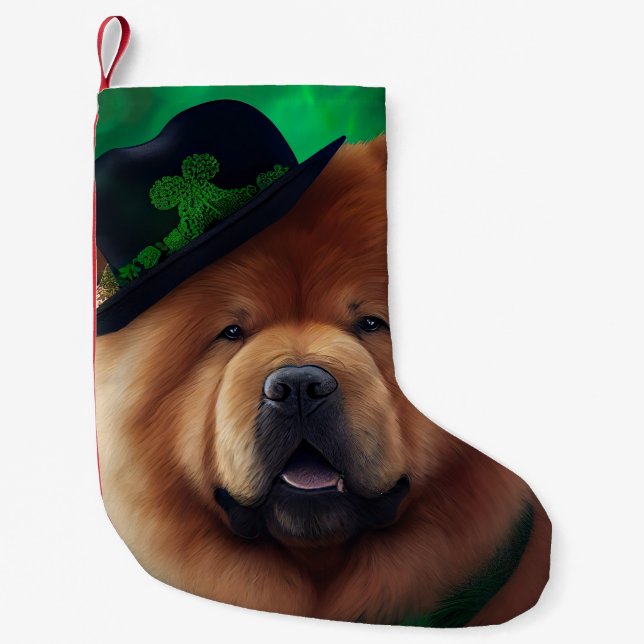Calcetín Navideño Pequeño Perro Chow Chow con vestido de San Patricio (Anverso)