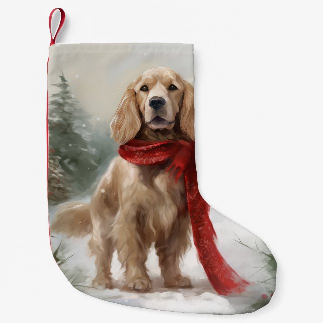 Calcetín Navideño Pequeño Perro Cocker Spaniel en Navidades de Nieve (Anverso)
