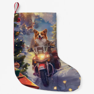 Calcetín Navideño Pequeño Perro Corgi Montando Motocicleta Navidad