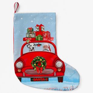 Calcetín Navideño Pequeño Perro Dalmatiano En Coche Con Santa Claus
