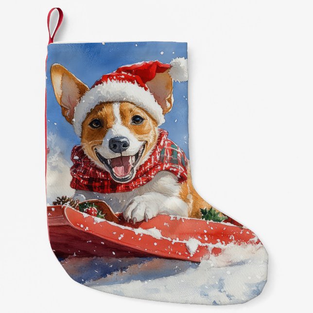 Calcetín Navideño Pequeño Perro de Basenji en escabeche Navidades de la niev (Anverso)