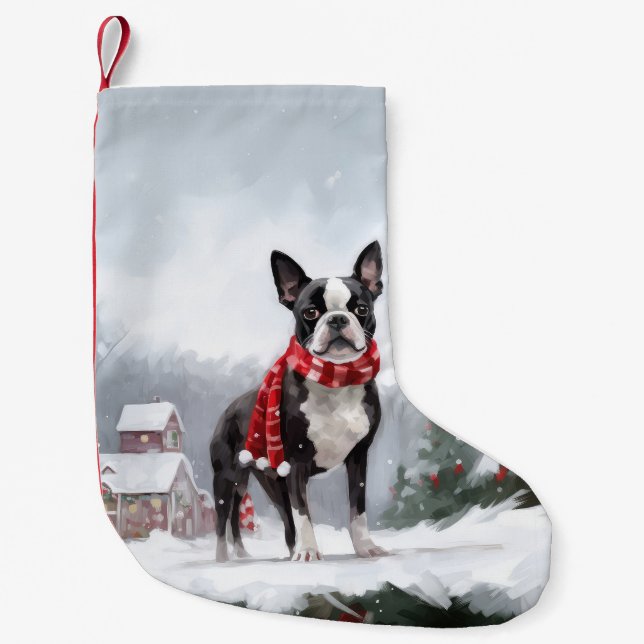 Calcetín Navideño Pequeño Perro de Boston Terrier en Navidades de Nieve (Anverso)
