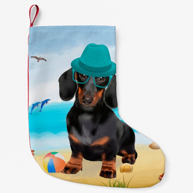 Calcetín Navideño Pequeño Perro de Dachshund en la playa (Anverso)