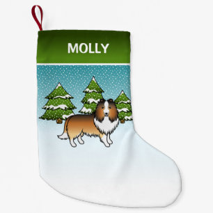 Calcetín Navideño Pequeño Perro de dibujos animados Sable Sheltie en inviern