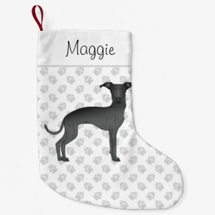 Calcetín Navideño Pequeño Perro de Greyhound italiano negro con nombre perso