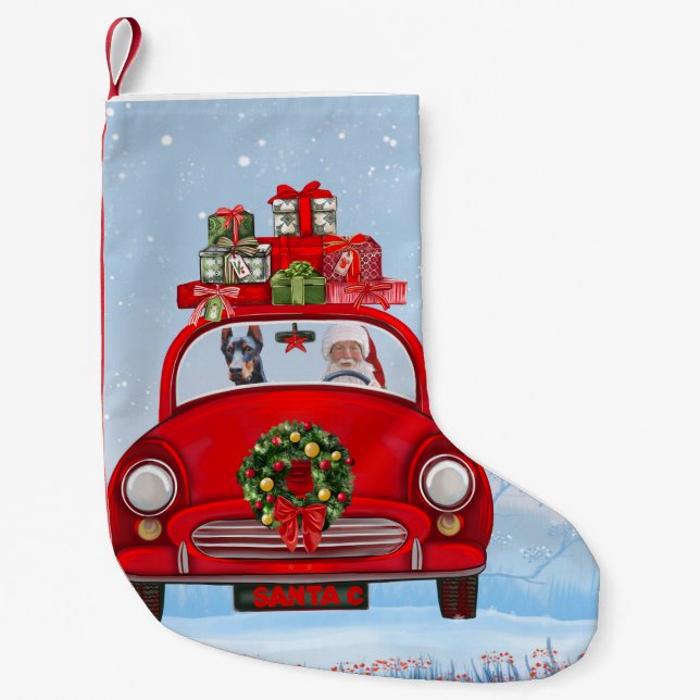 Calcetín Navideño Pequeño Perro Doberman en auto con Santa Claus (Anverso)