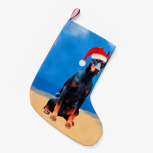 Calcetín Navideño Pequeño Perro Doberman sentado en un Gorra de Navidades de