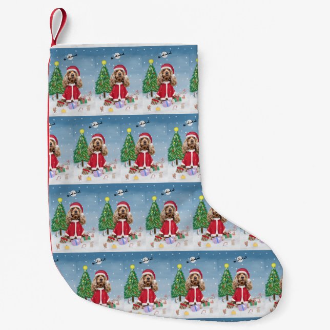 Calcetín Navideño Pequeño Perro español Cocker con nieve con regalos de Navi (Anverso)