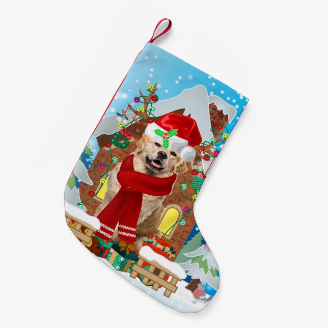 Calcetín Navideño Pequeño Perro Golden Retriever con regalos de Navidades (Frente (Colgado))