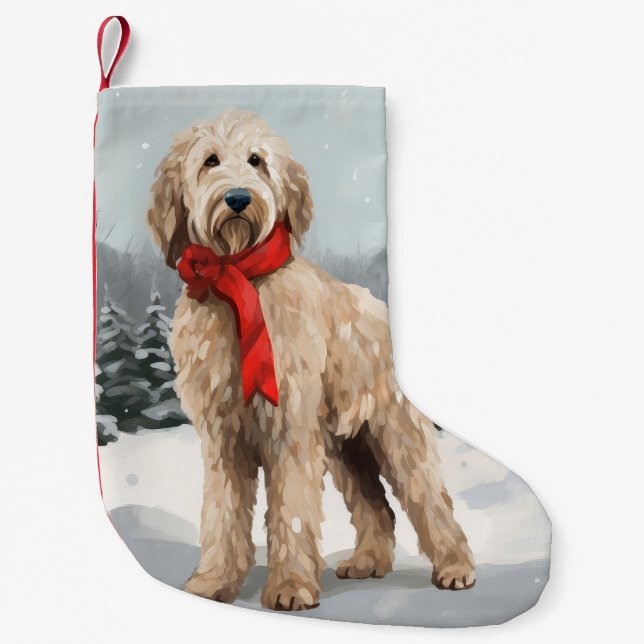 Calcetín Navideño Pequeño Perro Goldendoodle en Navidades de Nieve (Anverso)