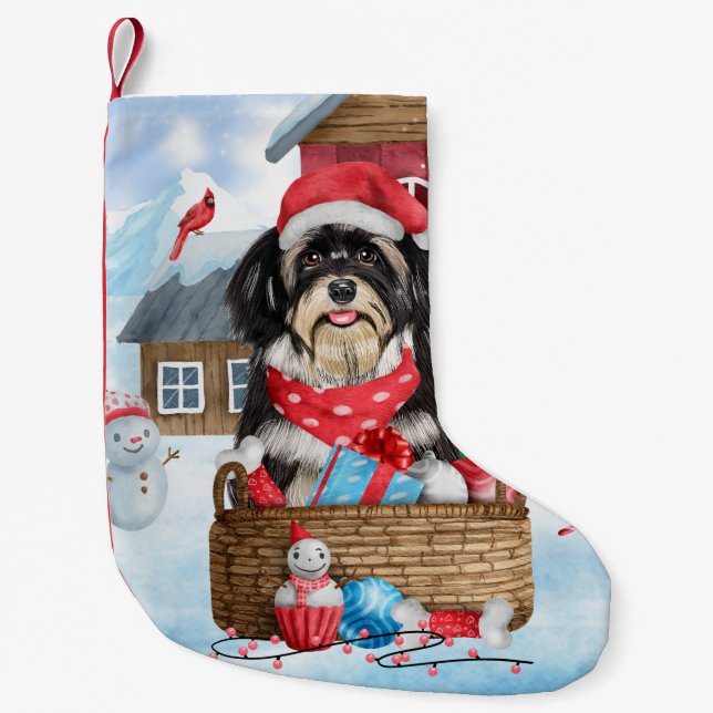 Calcetín Navideño Pequeño Perro Havanés en la Casa de Perros de Navidades de (Anverso)