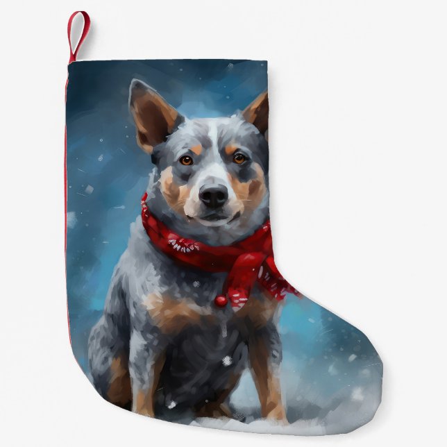 Calcetín Navideño Pequeño Perro Heeler Azul en Navidades de Nieve (Anverso)