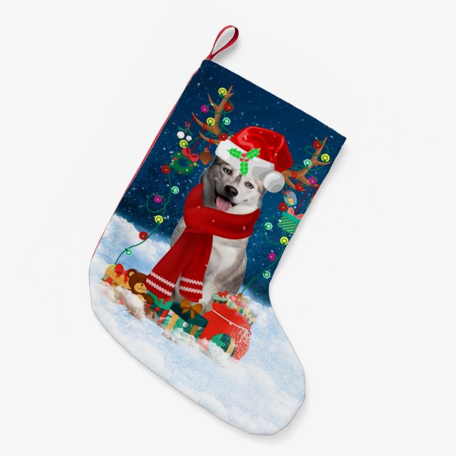 Calcetín Navideño Pequeño Perro Husky siberiano con regalos de Navidades (Frente (Colgado))
