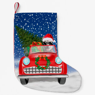 Calcetín Navideño Pequeño Perro Husky Siberiano Conduciendo Coche En Navidad