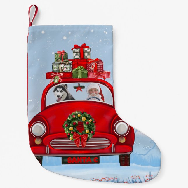 Calcetín Navideño Pequeño Perro Husky Siberiano En Coche Con Papá Noel (Anverso)