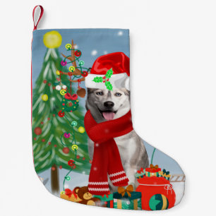 Calcetín Navideño Pequeño Perro Husky Siberiano en Navidades de nieve