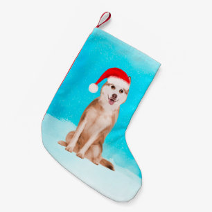 Calcetín Navideño Pequeño Perro Husky Siberiano en Nieve con Gorra Navidad