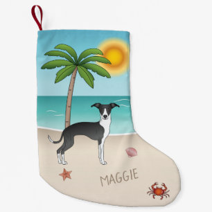 Calcetín Navideño Pequeño Perro Iggy Blanco Y Negro En La Playa Tropical De