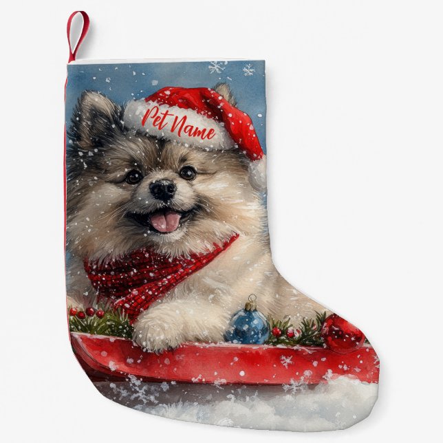 Calcetín Navideño Pequeño Perro Keeshond personalizado en Navidades sedantes (Anverso)