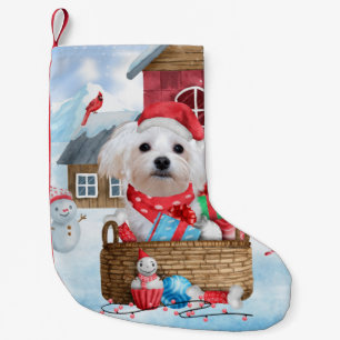 Calcetín Navideño Pequeño Perro maltés en casa de Navidad con nieve