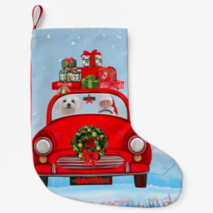Calcetín Navideño Pequeño Perro maltés en coche con Papá Noel