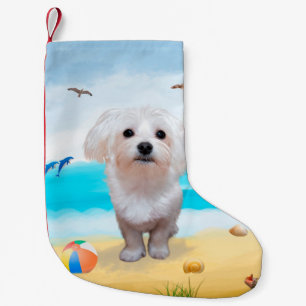 Calcetín Navideño Pequeño Perro maltés en la playa