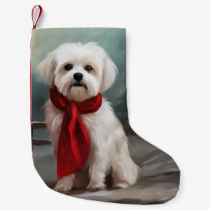 Calcetín Navideño Pequeño Perro maltés en Navidades de nieve