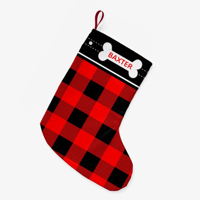 Calcetín Navideño Pequeño Perro Navidades de Hueso Rojo Flannel Plantado (Frente (Colgado))