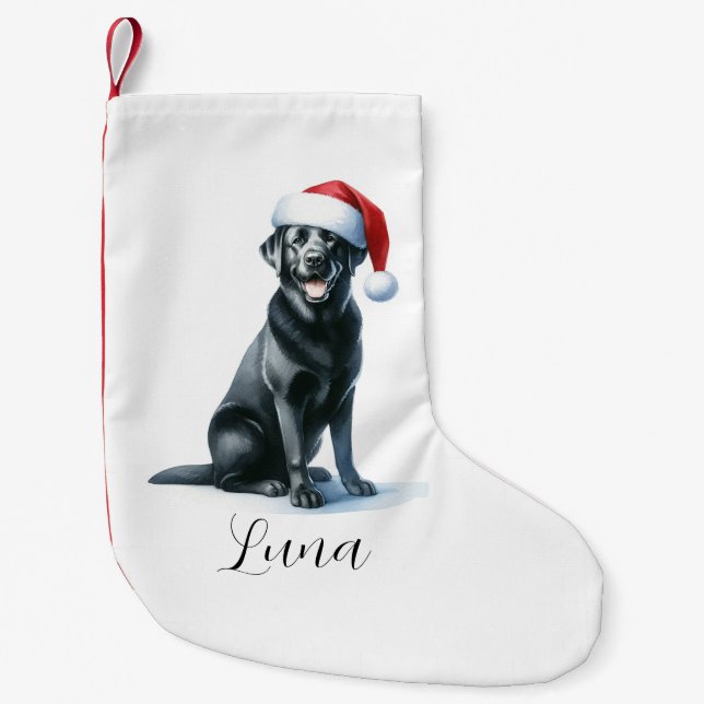 Calcetín Navideño Pequeño Perro negro de labrador en Santa Sombrero alzándos (Anverso)