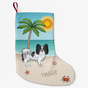 Calcetín Navideño Pequeño Perro Papillon Blanco Y Negro Playa Tropical De Ve