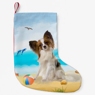 Calcetín Navideño Pequeño Perro Papillon en la Playa