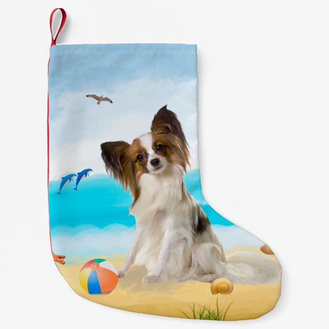 Calcetín Navideño Pequeño Perro Papillon en la playa (Anverso)