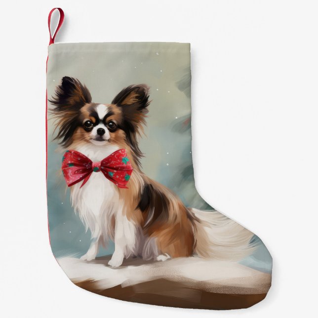 Calcetín Navideño Pequeño Perro Papillon en Navidades de nieve (Anverso)