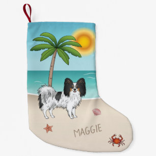Calcetín Navideño Pequeño Perro Papillon Tricolor En Una Playa Tropical De V