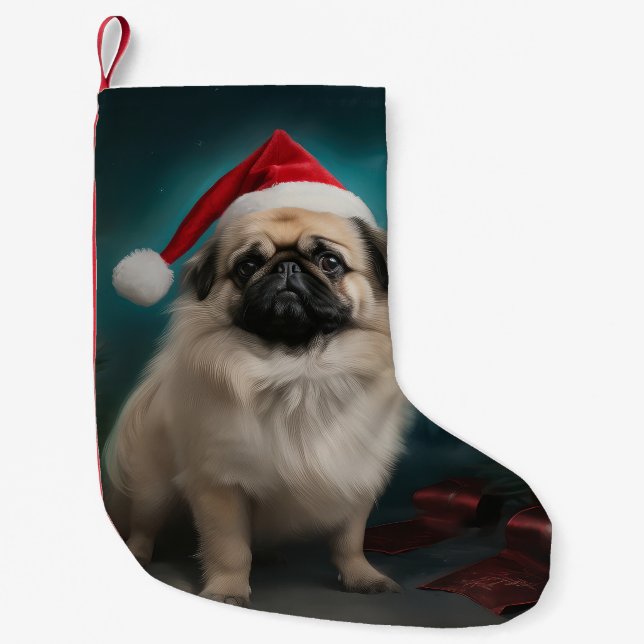 Calcetín Navideño Pequeño Perro pekinés en Navidades de nieve (Anverso)