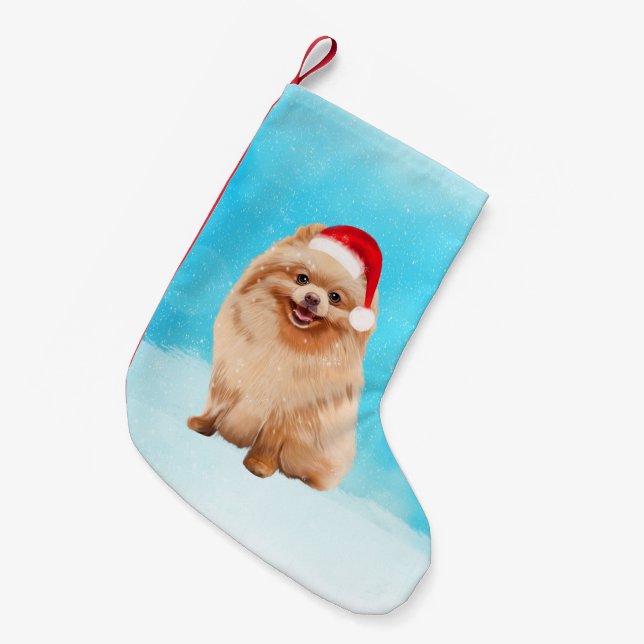 Calcetín Navideño Pequeño Perro Pomerania sentado en un Gorra de Navidades d (Frente (Colgado))