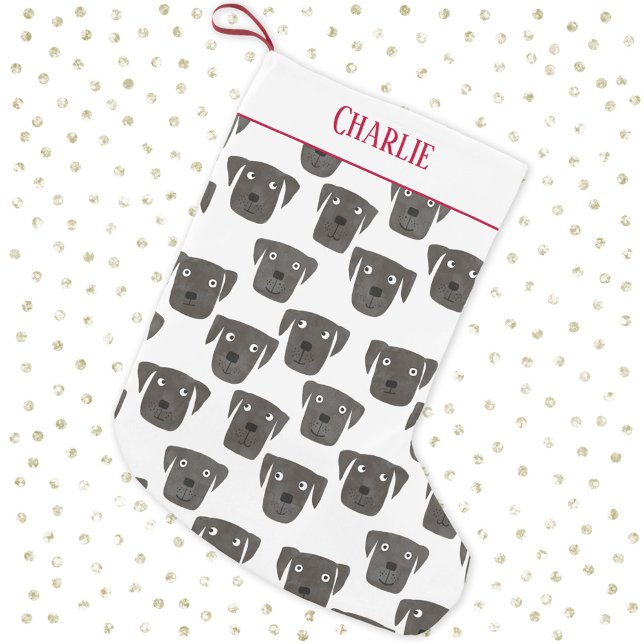 Calcetín Navideño Pequeño Perro recuperador de labrador negro lindo personal (Fun black labrador retriever dog pattern personalized name Christmas stocking)