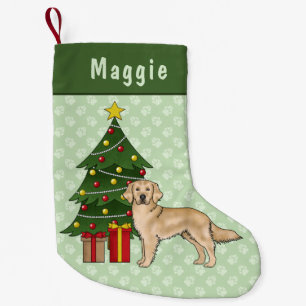 Calcetín Navideño Pequeño Perro Retriever Dorado Amarillo Con Árbol de Navid