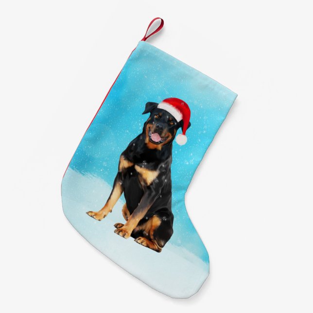 Calcetín Navideño Pequeño Perro Rottweiler en Nieve con Sombrero Santa (Frente (Colgado))