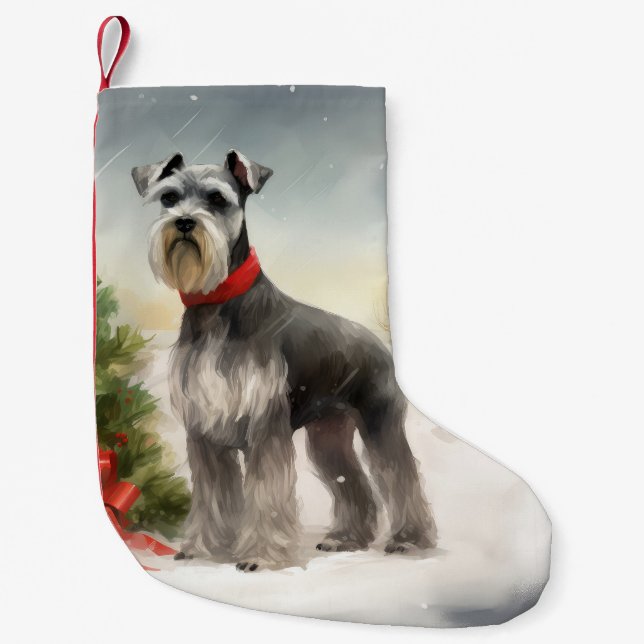 Calcetín Navideño Pequeño Perro Schnauzer en Navidades de nieve (Anverso)