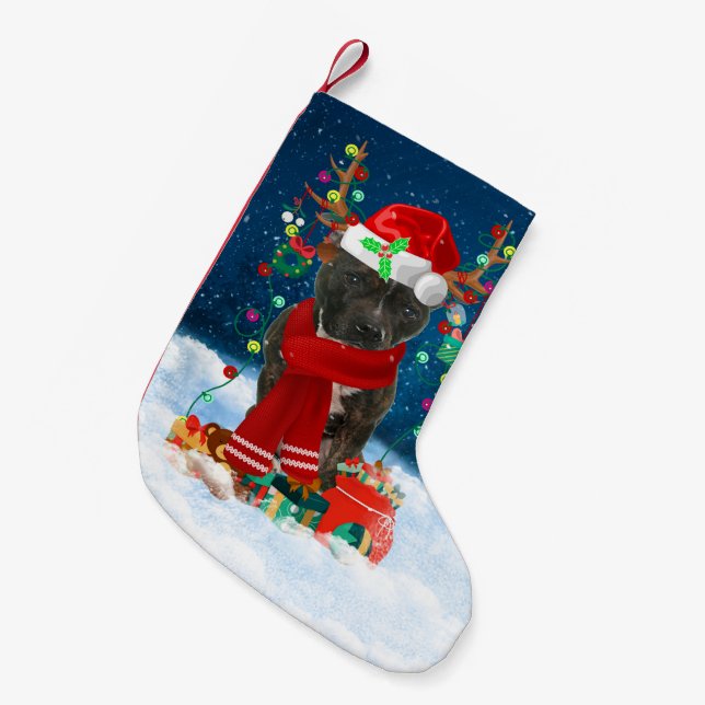 Calcetín Navideño Pequeño Perro Staffordshire Bull Terrier con regalo de Nav (Frente (Colgado))