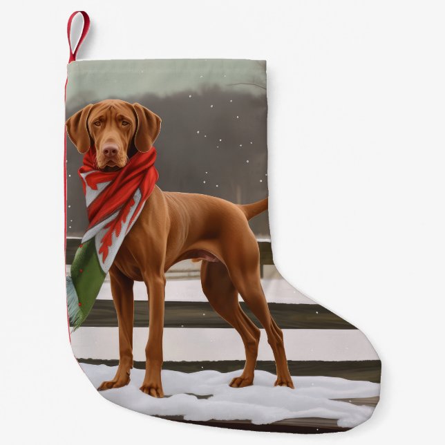 Calcetín Navideño Pequeño Perro Vizsla en Navidades de nieve (Anverso)
