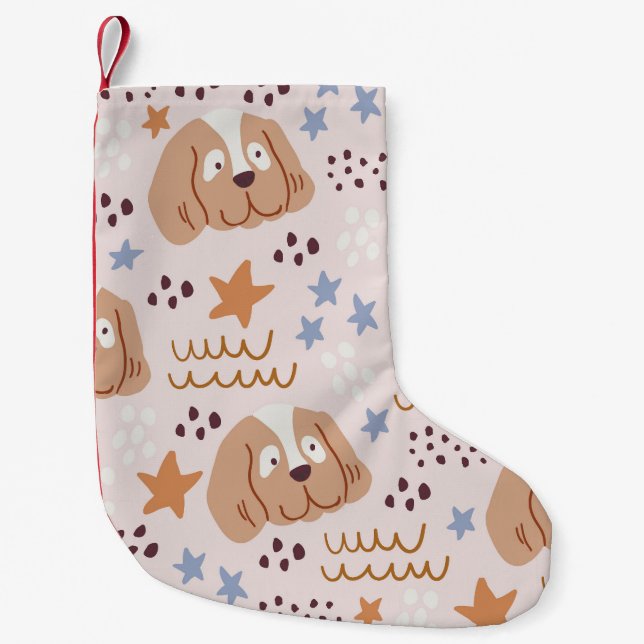 Calcetín Navideño Pequeño Perros, estrellas, líneas: sin costuras (Anverso)