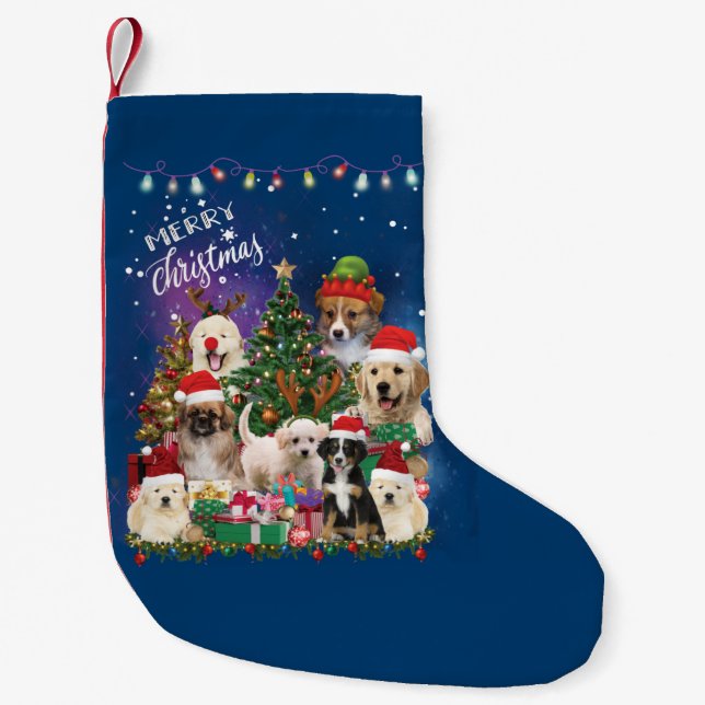 Calcetín Navideño Pequeño Perros Feliz Navidad Luz (Anverso)