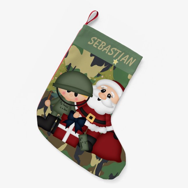Calcetín Navideño Pequeño Personal militar y Santa Claus (Frente (Colgado))