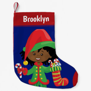 Calcetín Navideño Pequeño Personalice al Chica afroamericano Elf